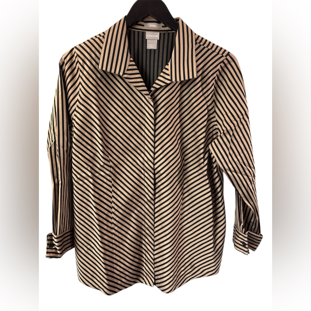 Chico’s non-iron striped button down size 1 8/10 med cafe brown black, career